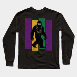 Mardi Gras Bigfoot Sasquatch Funny Cryptid Creature with Fleur-de-Lis, Mask, and Beads Long Sleeve T-Shirt